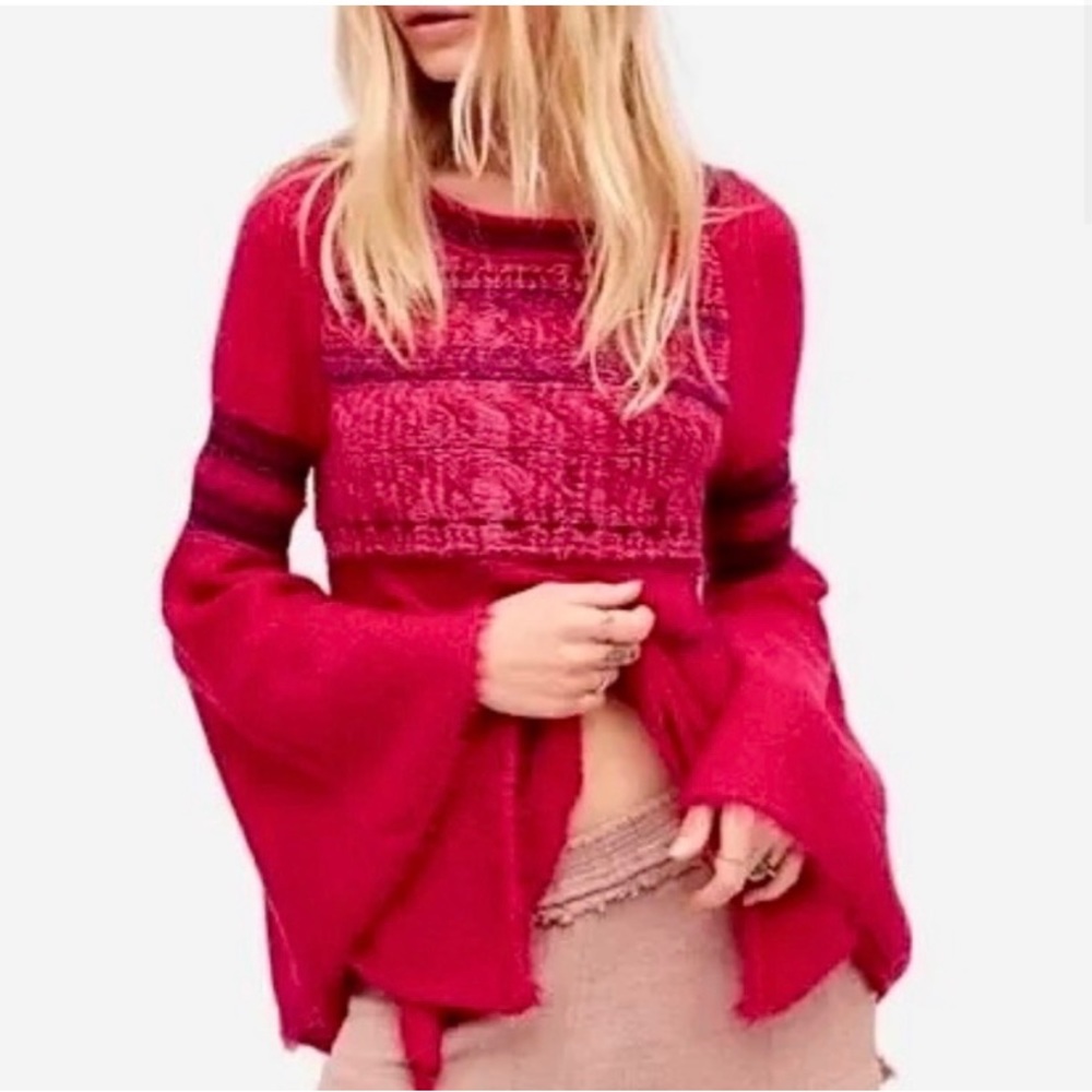 Free People Womens Sweater XS Pink Raspberry Craft Time Frayed Alpaca Wool Knit